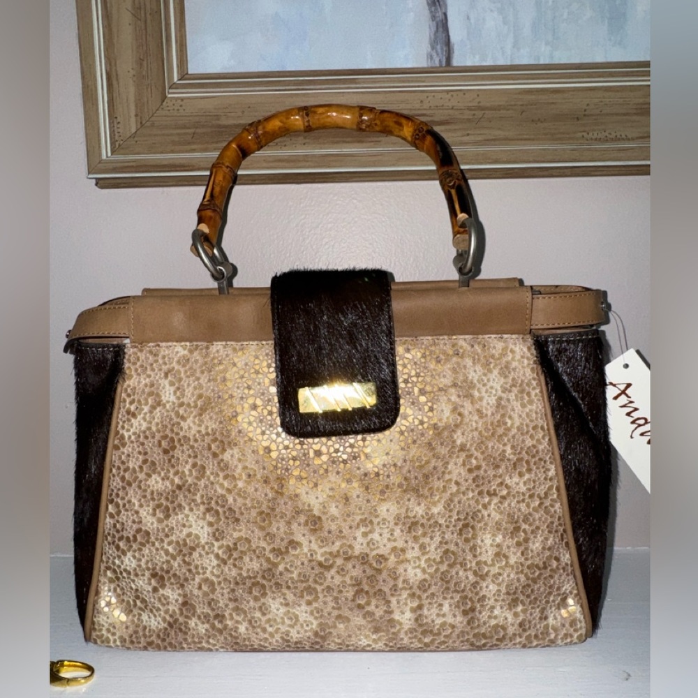 Andalossi NWT Golden Meadow Cappuccino leather calf hair bamboo crossbody bag - Picture 6 of 16